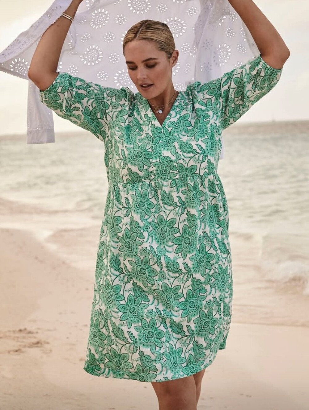 J Jill Green Floral Paisley Green White Cotton V-Neck Peasant Babydoll Dress Med